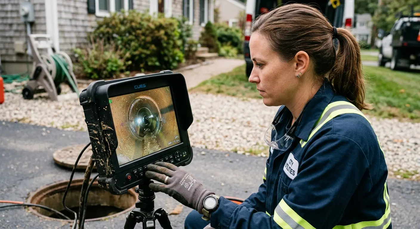 Technician reviewing sewer camera inspection footage in Hudson