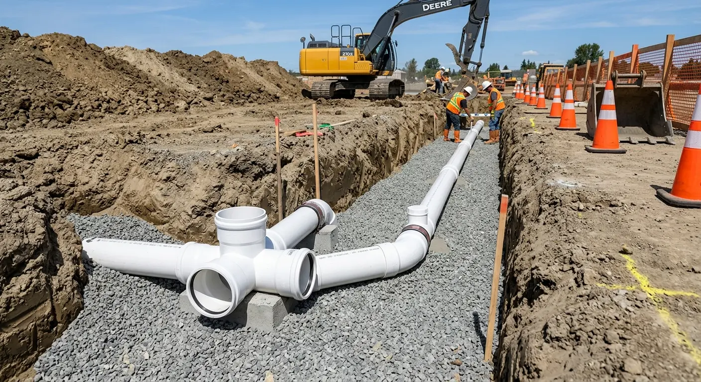 New PVC sewer pipe installation in open trench for Commercial Drain Cleaning in Hudson