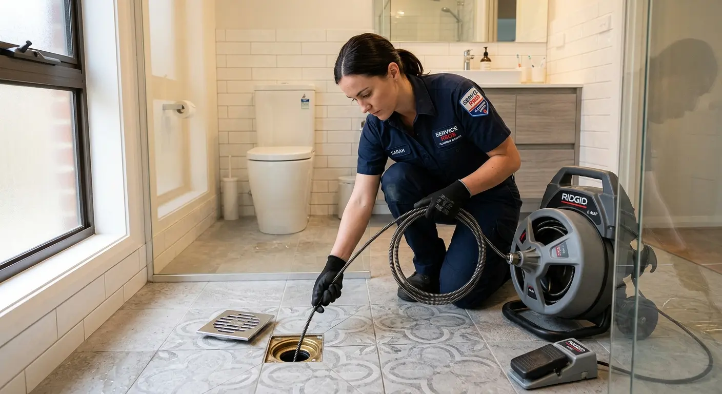 Technician clearing a bathroom floor drain for Hydro Jetting in Hudson